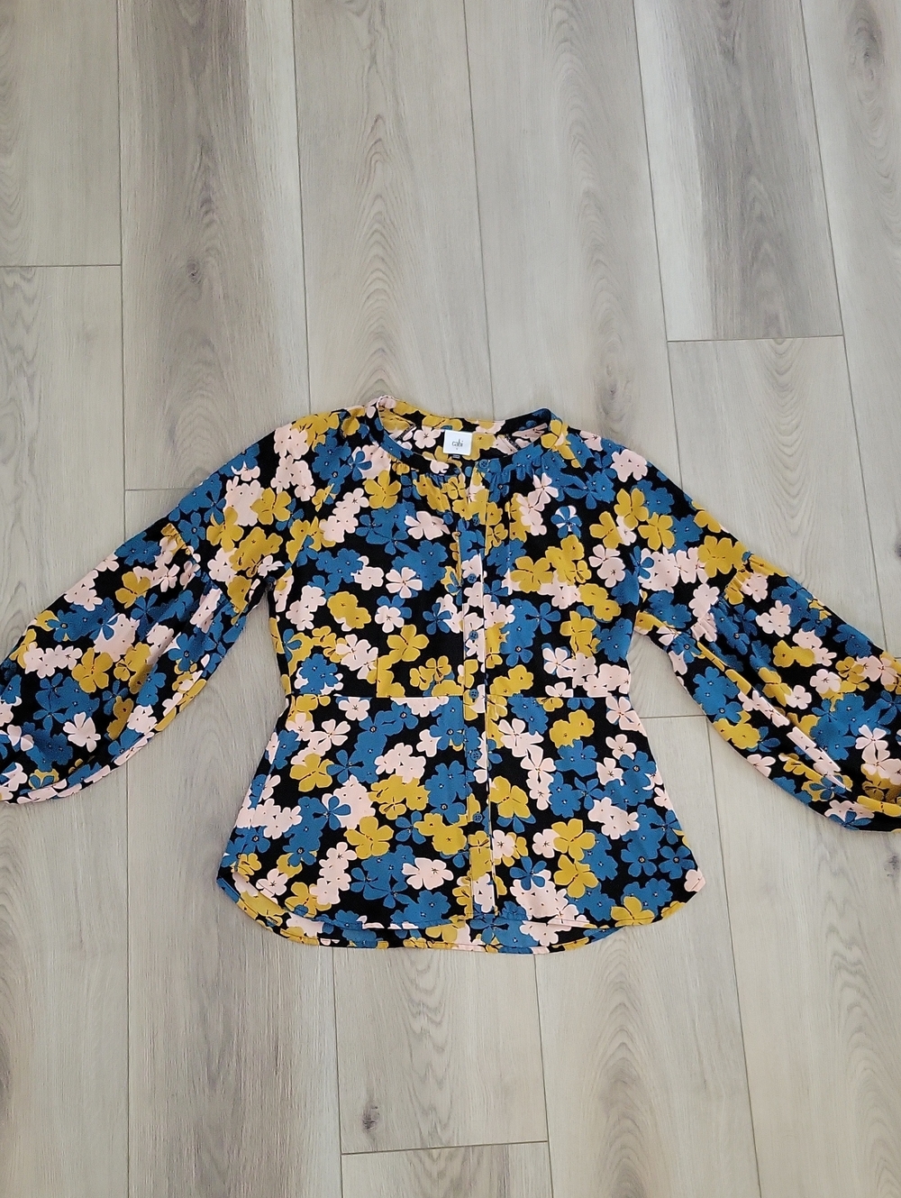CAbi Black Floral Button-Front Blouse with Blue, Yellow & Pink Flowers